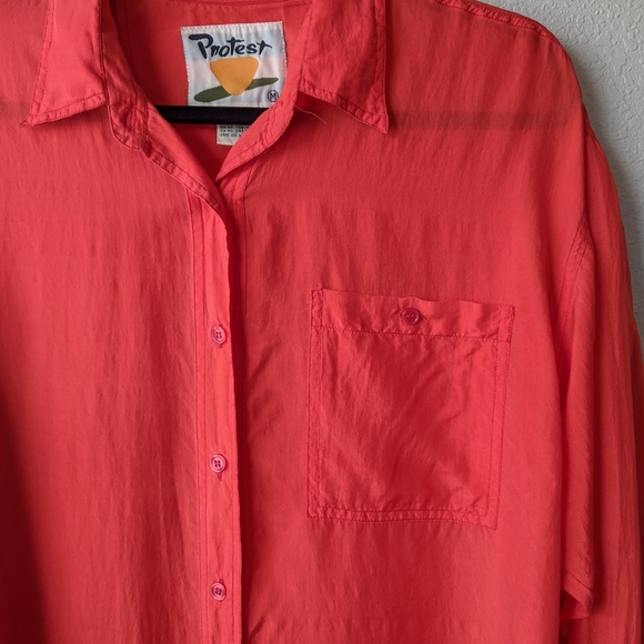 Protest semi-sheer red orange 100% silk button-down blouse - Picture 5 of 8
